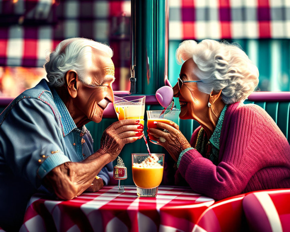 Elderly couple toasting drinks in colorful retro diner