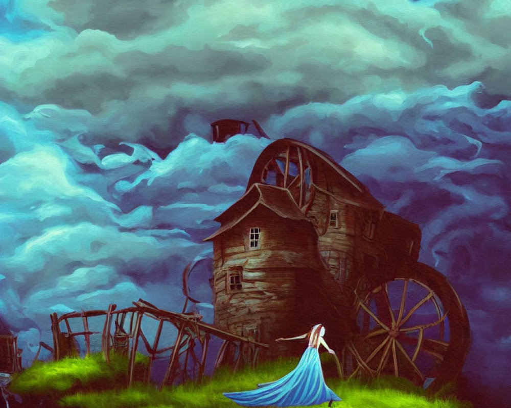Figure in white and blue cloak near old watermill under dramatic sky