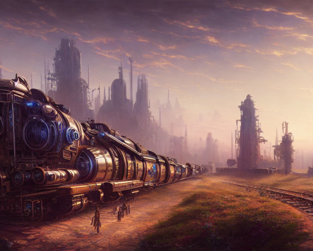 Elaborately designed futuristic train on industrial tracks at sunrise or sunset