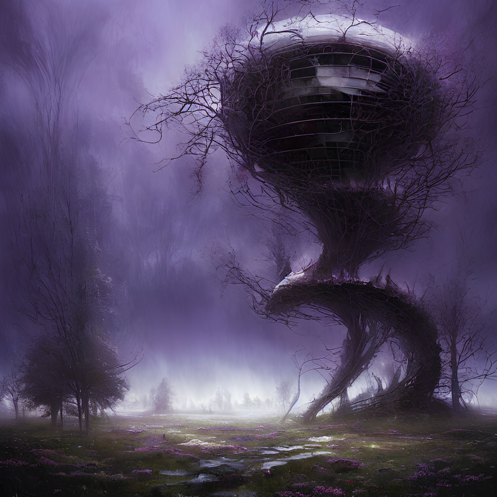 Mystical landscape with twisted tree-like structure and futuristic building in purple-hued forest