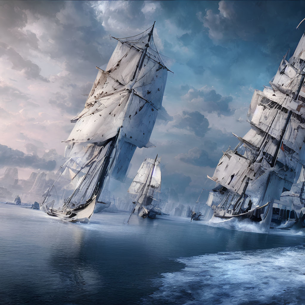 Tall ships sailing icy waters with looming icebergs