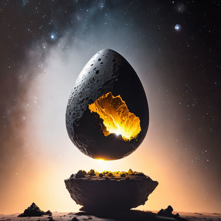 Cracked glowing egg-shaped rock floating in surreal landscape