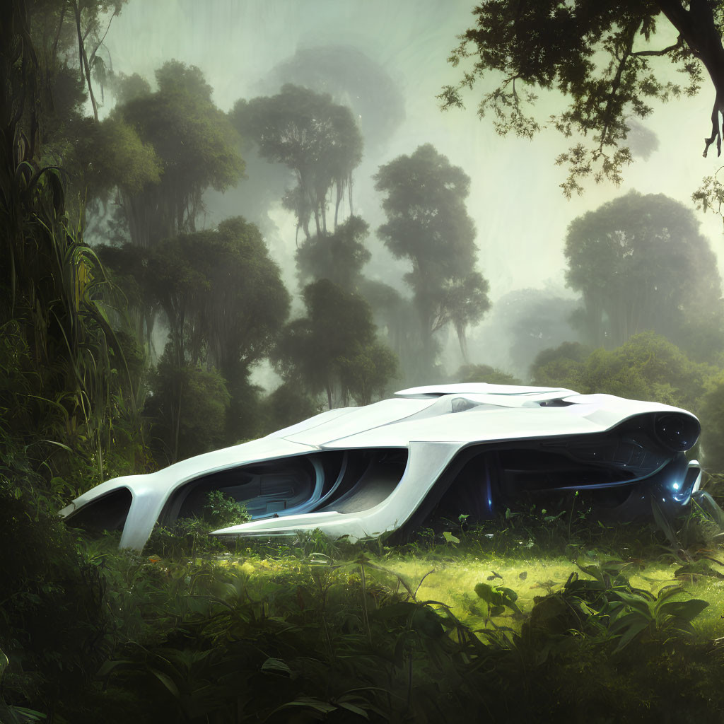 Sleek white car parked in misty forest clearing