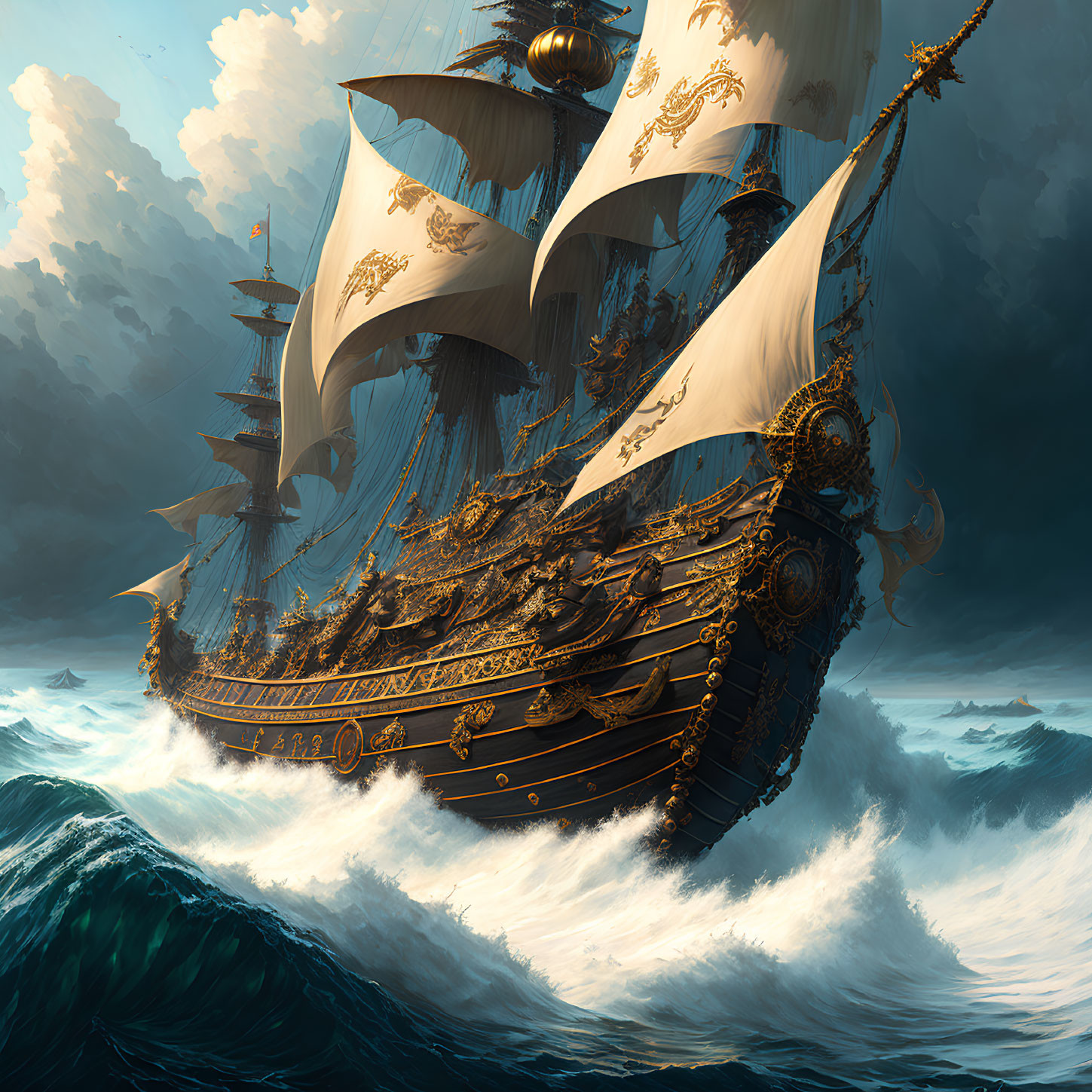 Elaborate golden decorations on ornate sailing ship in turbulent sea waves