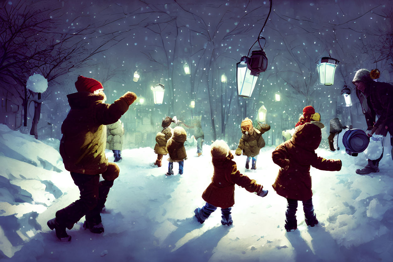 Snowball fight in snow-covered evening under street lamps with falling snowflakes