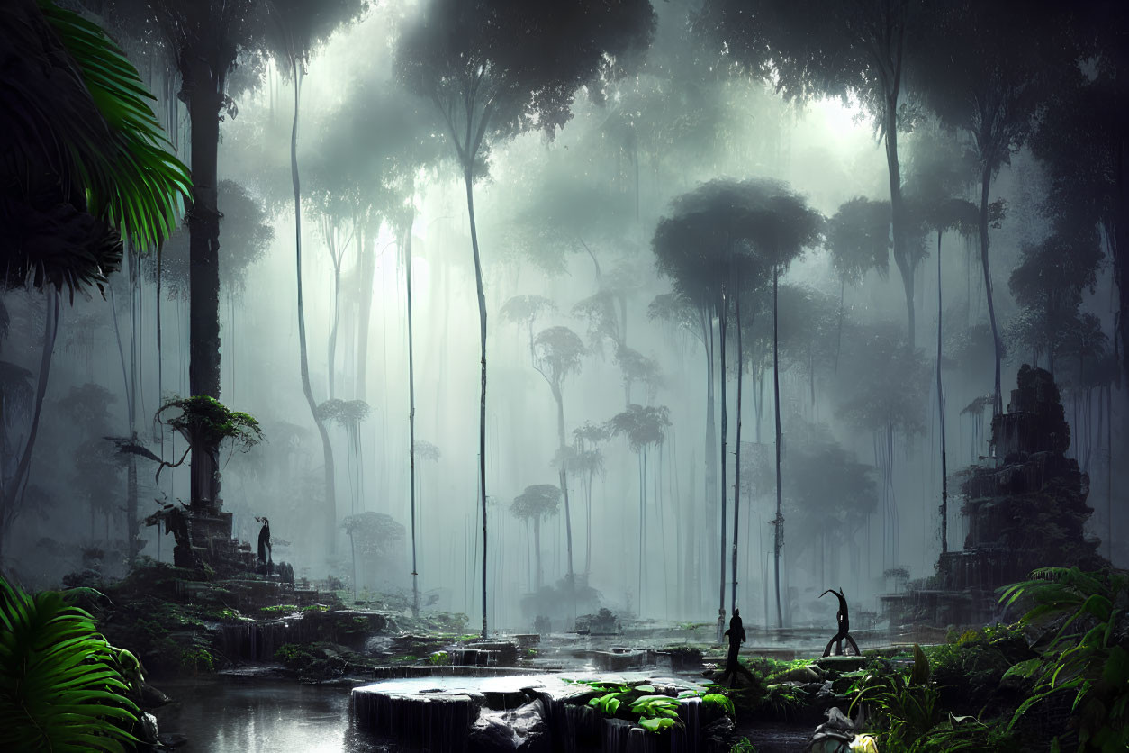 Enigmatic forest scene with towering trees, person by water pool, ancient ruins, and lurking monkey.