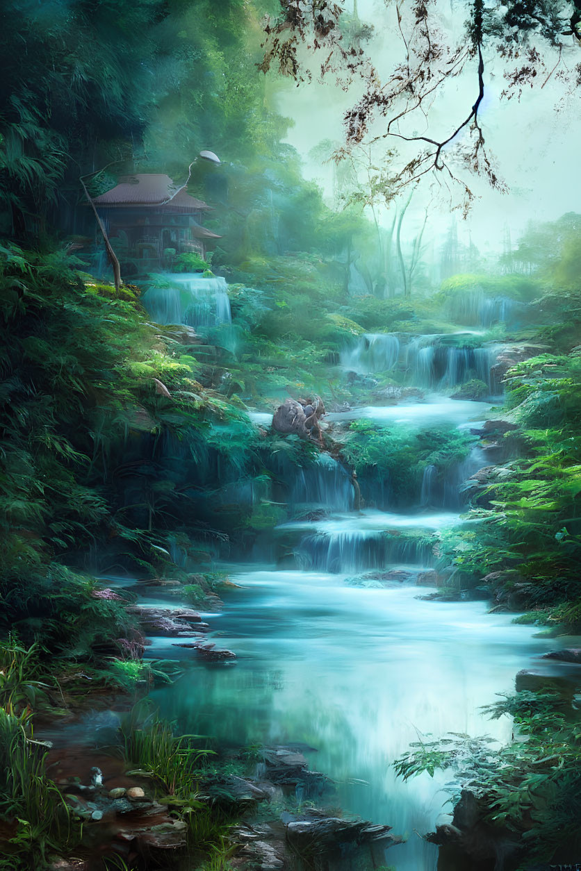 Tranquil Waterfall Scene with Wooden Cabin in Misty Setting