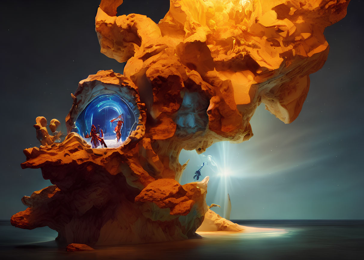 Explorers in glowing portal in otherworldly rock formation