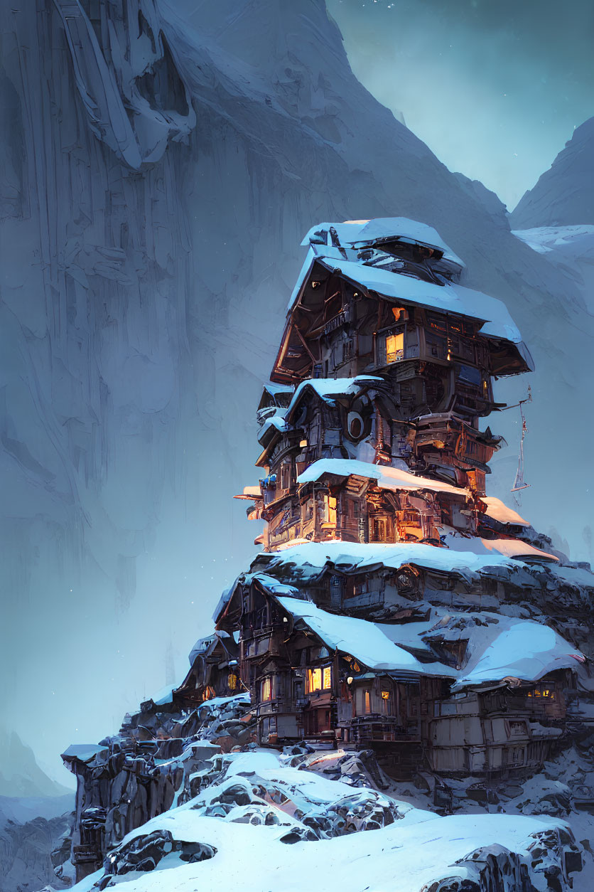 Fantasy-style wooden house on snowy mountain slope at dusk
