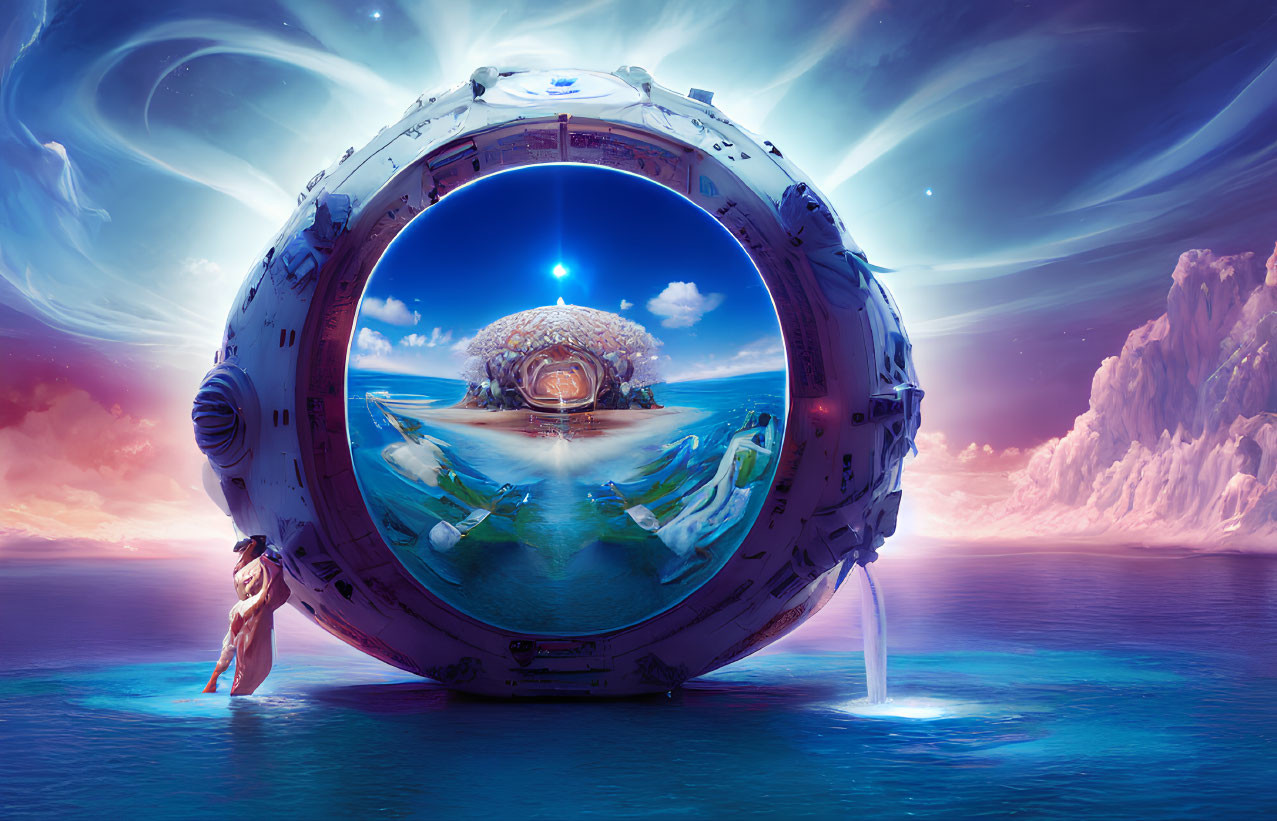 Person admires futuristic floating structure in surreal sci-fi scene