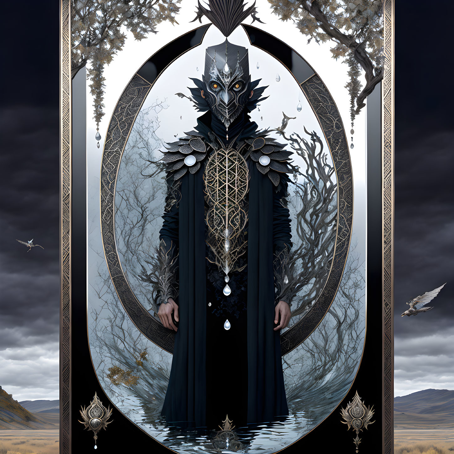 Mysterious figure in black robe with bird-like mask by barren tree and ornate oval frame.