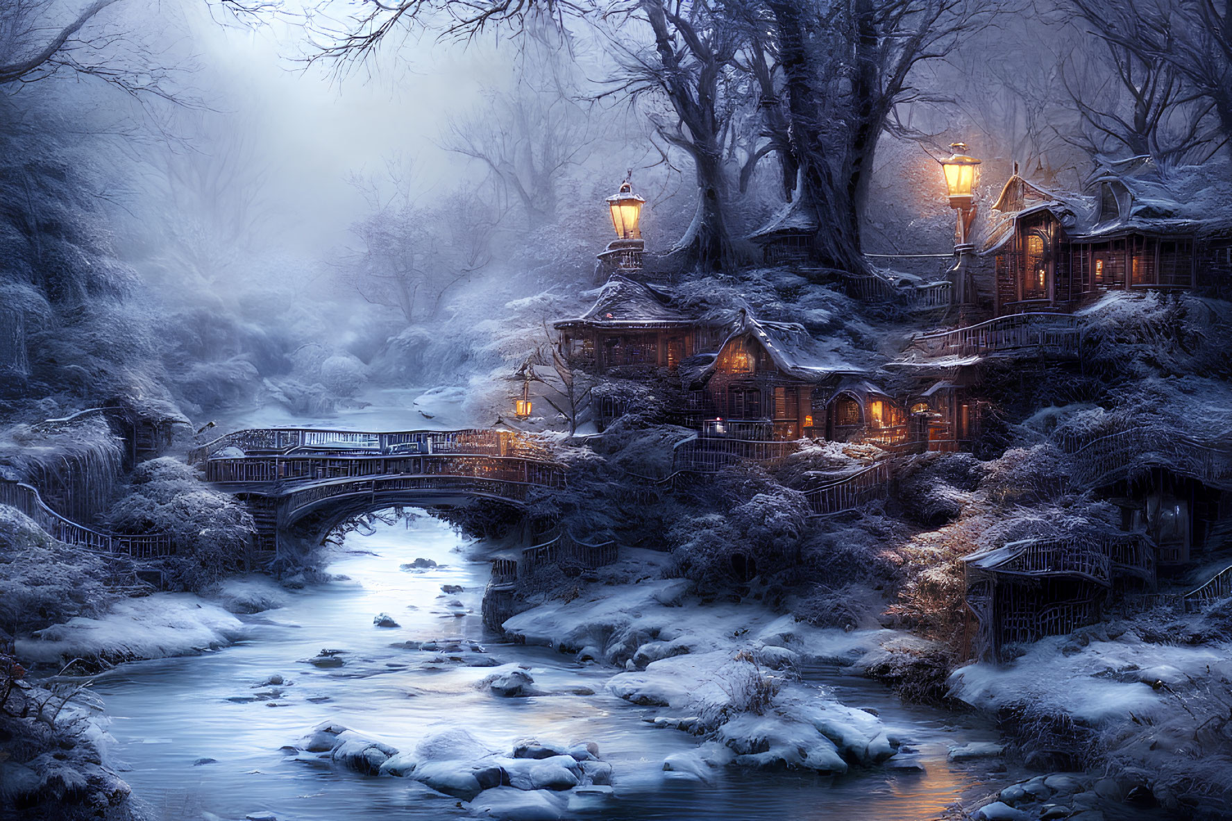 Snow-covered trees, bridge, and cozy houses in enchanting winter scene