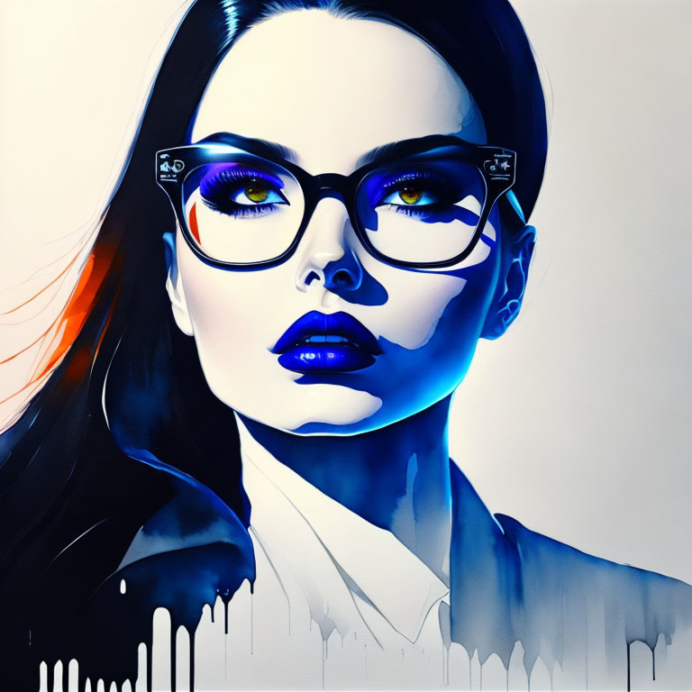 Portrait of woman with blue lips, glasses, blue & white color scheme, paint drips