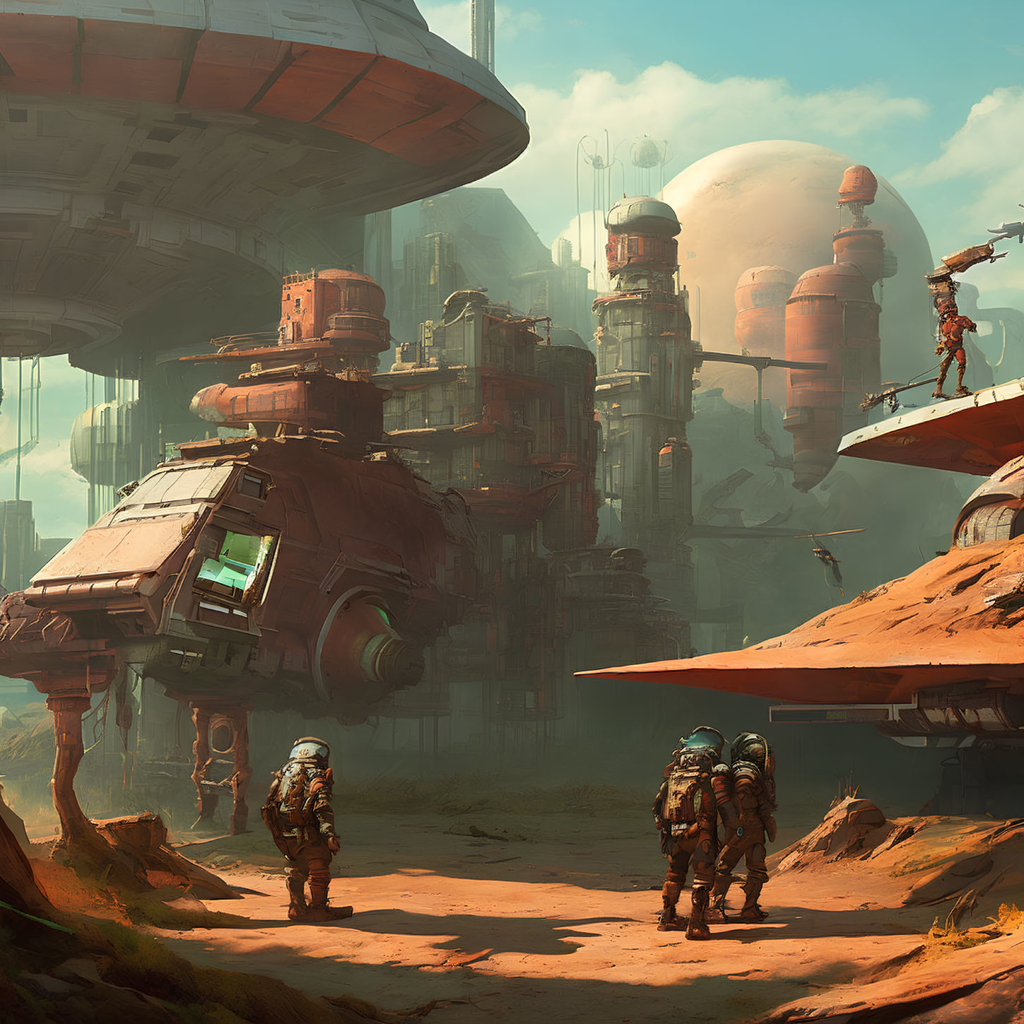 Futuristic sci-fi scene: astronauts, alien planet, giant robot, and structures