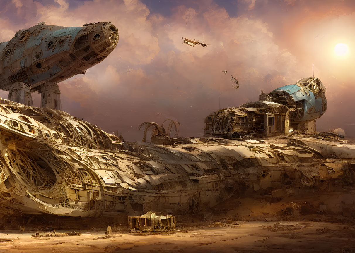 Crashed starships in sandy desert at sunset with figures and flying crafts.