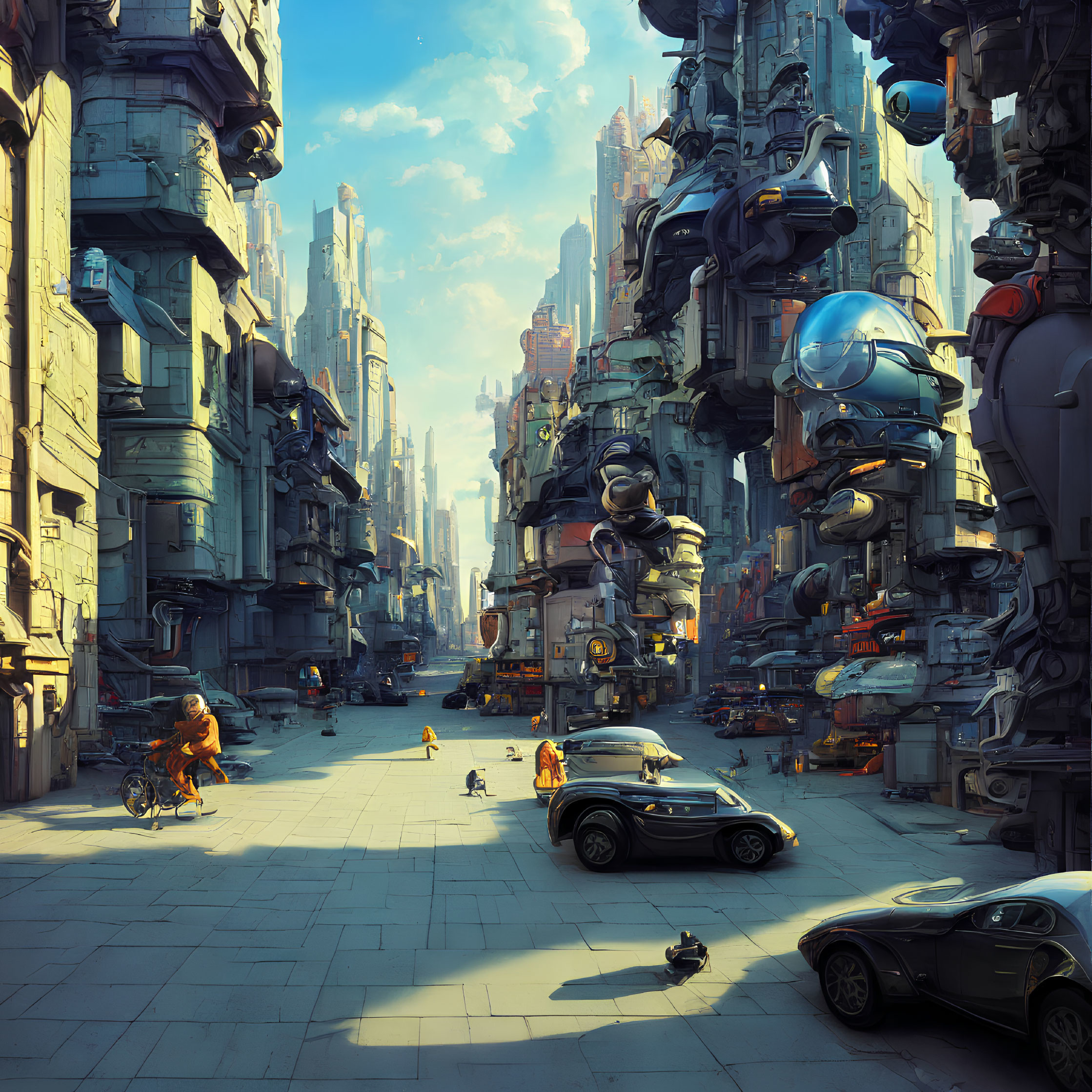 Futuristic cityscape with flying vehicles and robots