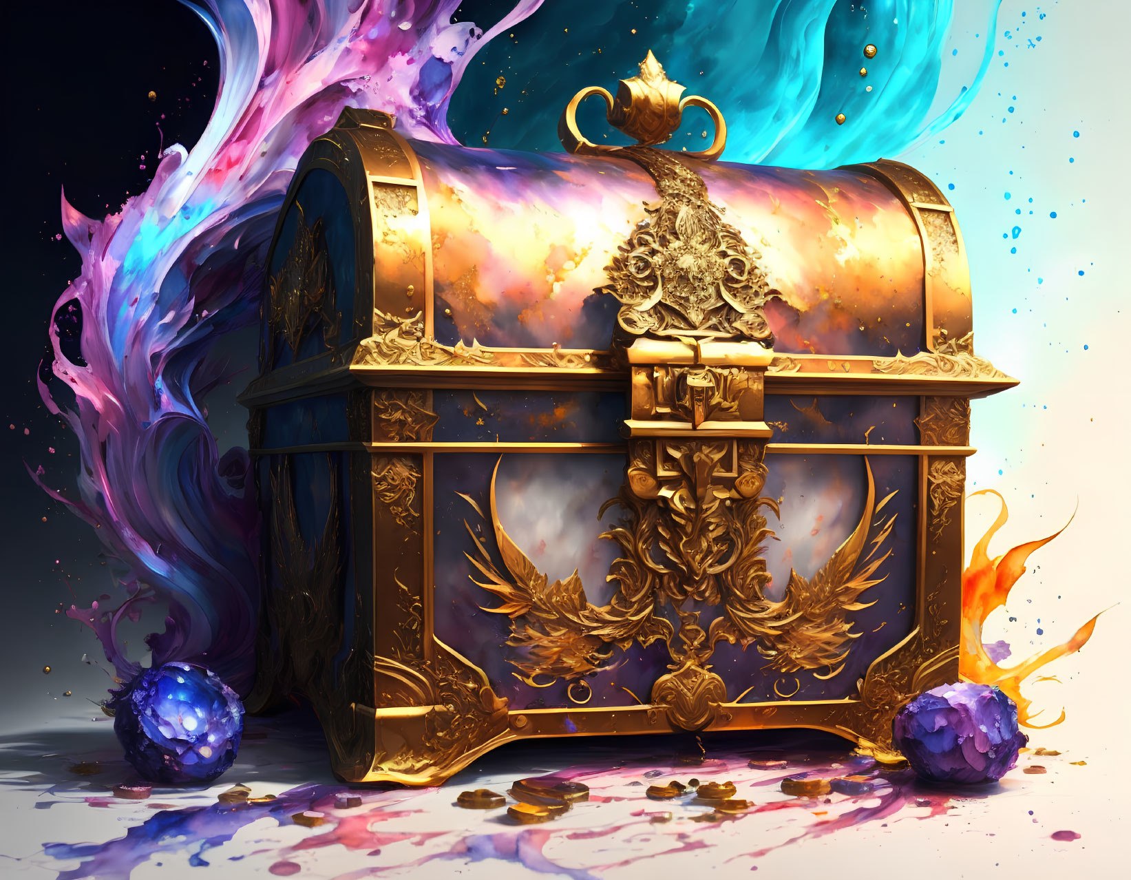 Golden treasure chest in mystical nebula aura with glowing orbs