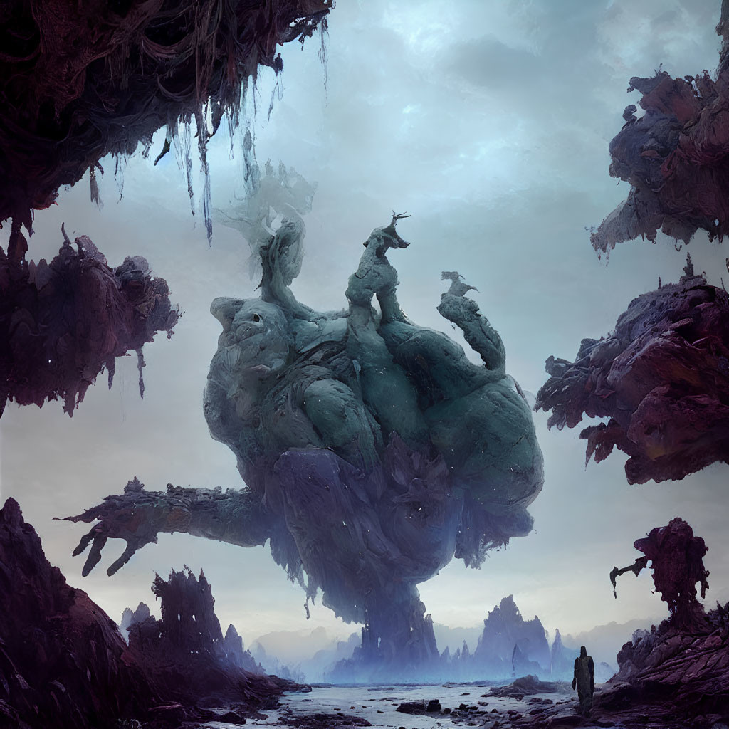 Majestic rock formations, giant tree, and lone figure in moody landscape