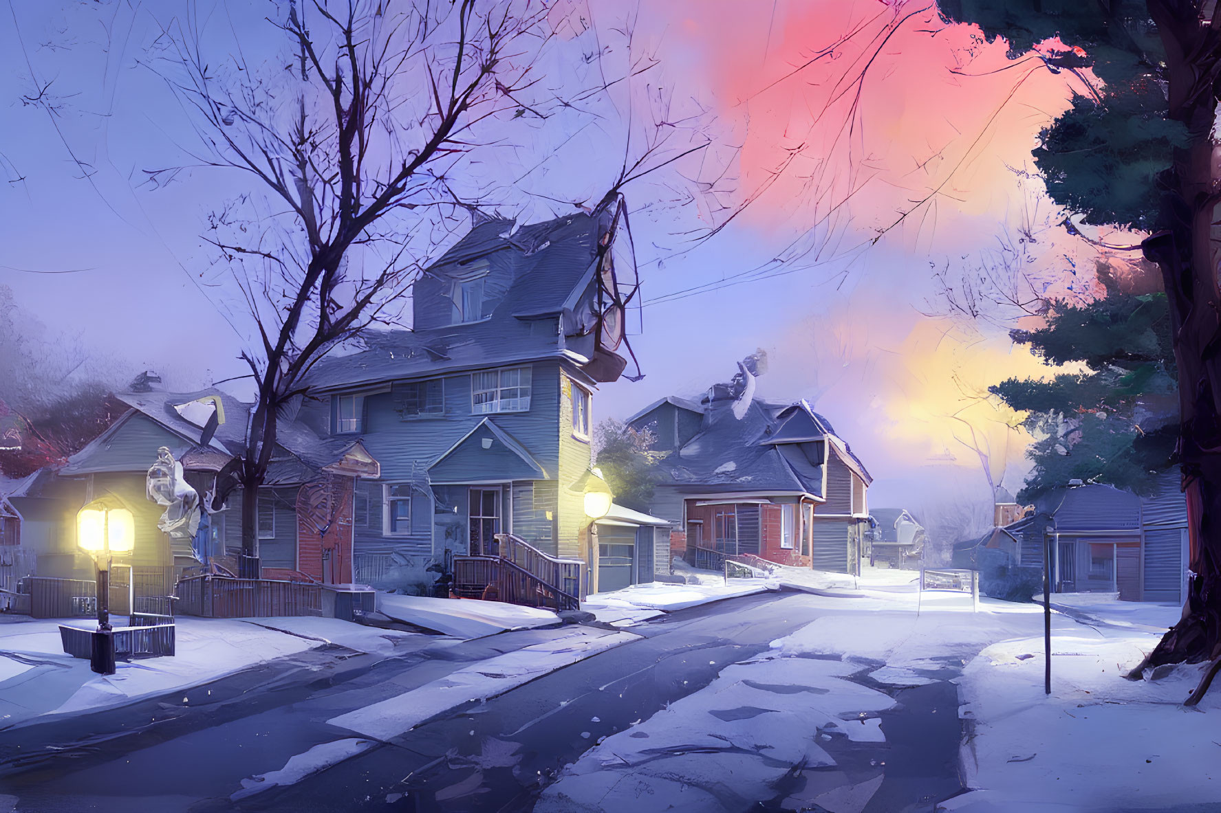 Snowy residential street at twilight with distinctive houses, bare trees, and vibrant sky.
