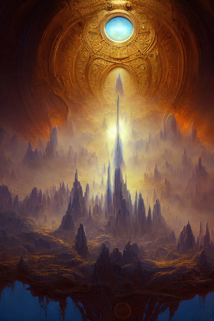 Fantastical landscape with towering spires and glowing central structure