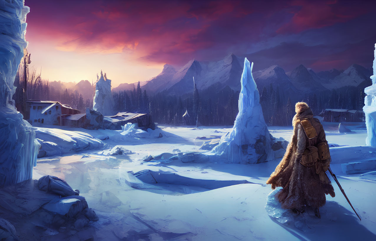 Figure in Fur Attire Facing Frozen Village and Mountains at Sunset