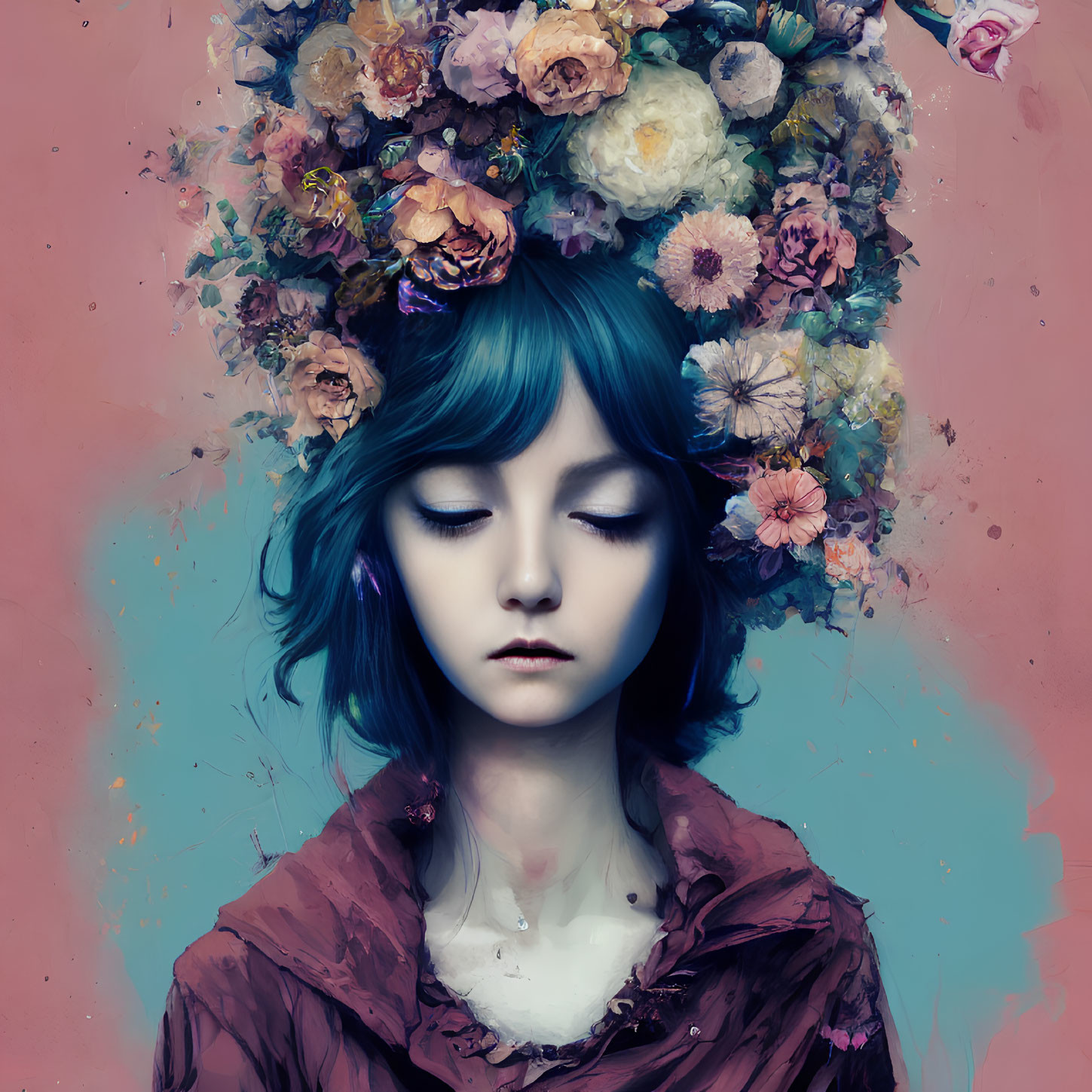 Portrait of a girl with blue hair and closed eyes, wearing a floral crown on pink and blue background