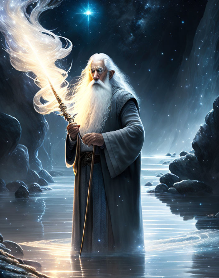 Elderly bearded wizard with glowing staff under starry sky
