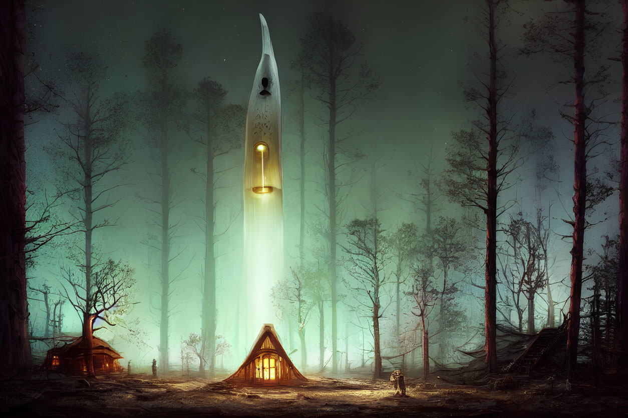 Futuristic rocket launch in misty forest at night