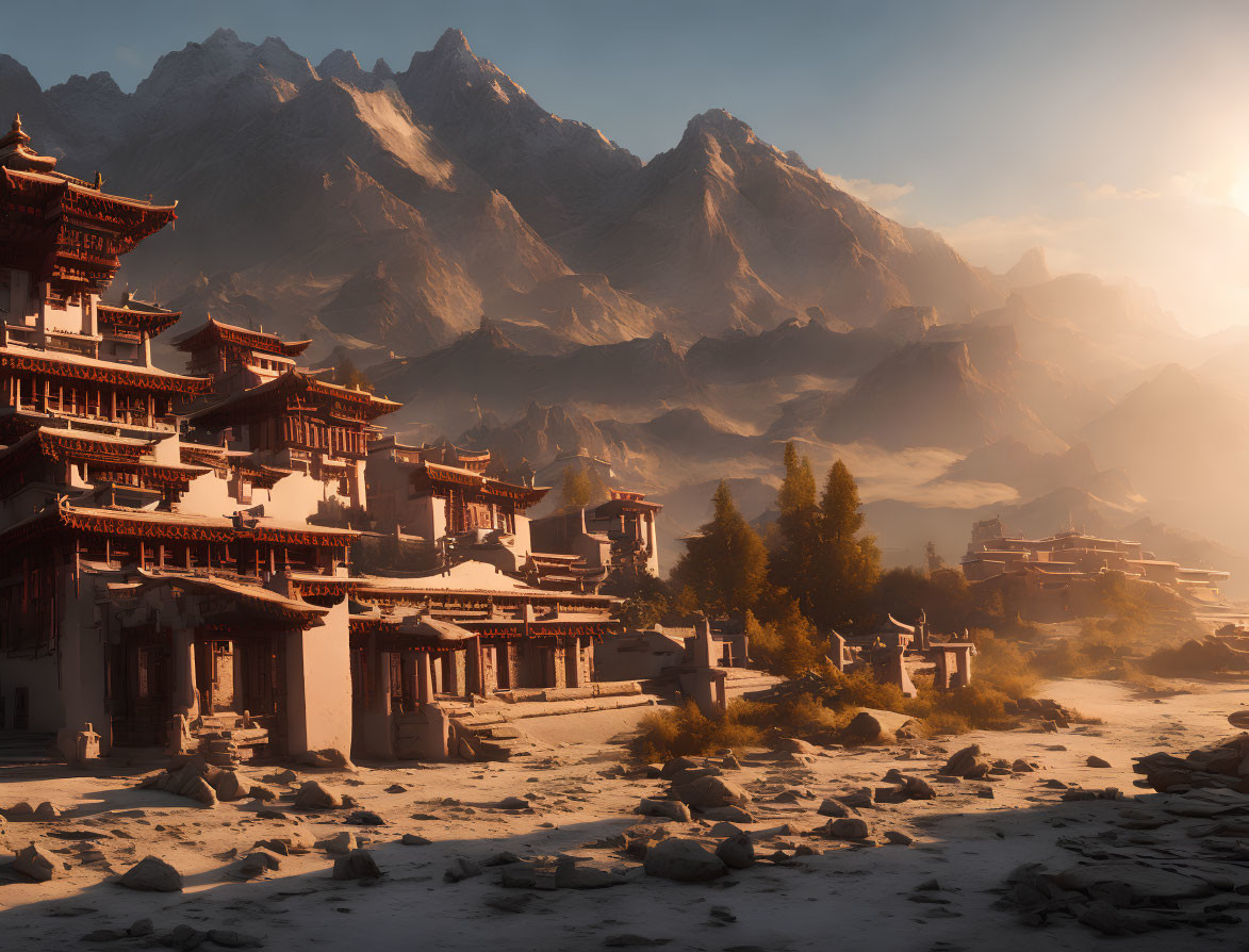 Traditional multi-tiered buildings in ancient village at foot of misty mountains at sunrise