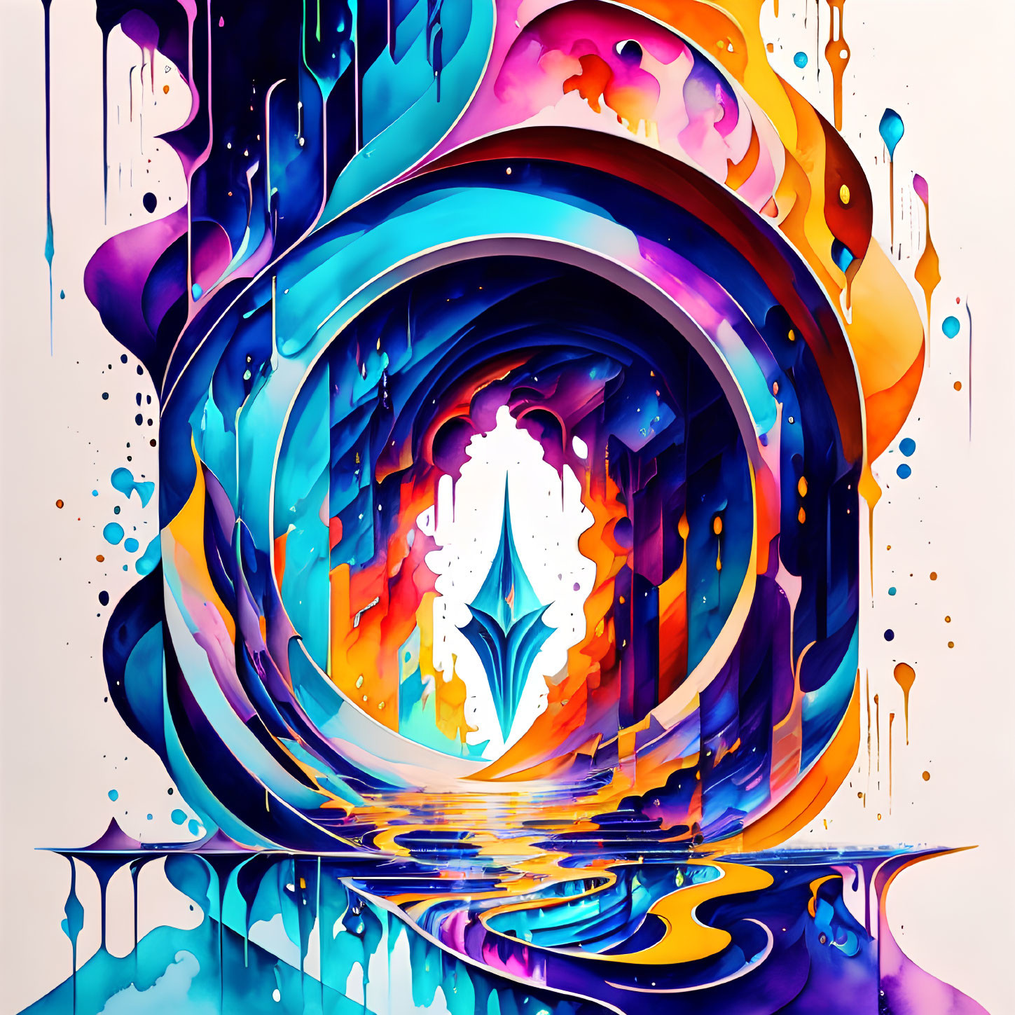 Colorful Abstract Painting: Swirling Blues, Purples, and Oranges with Reflective Water