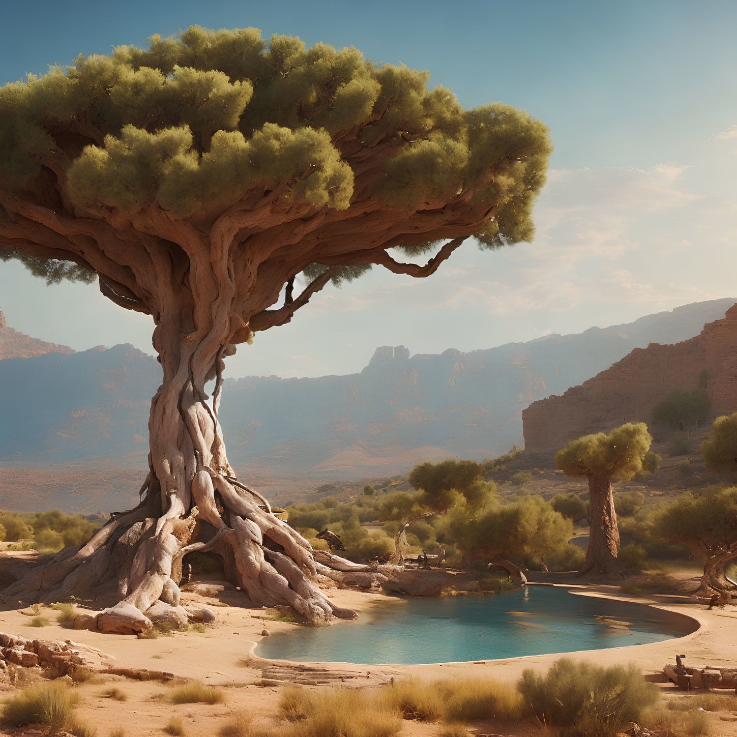 Tranquil Oasis with Tree, Pond, Desert Terrain, and Cliffs