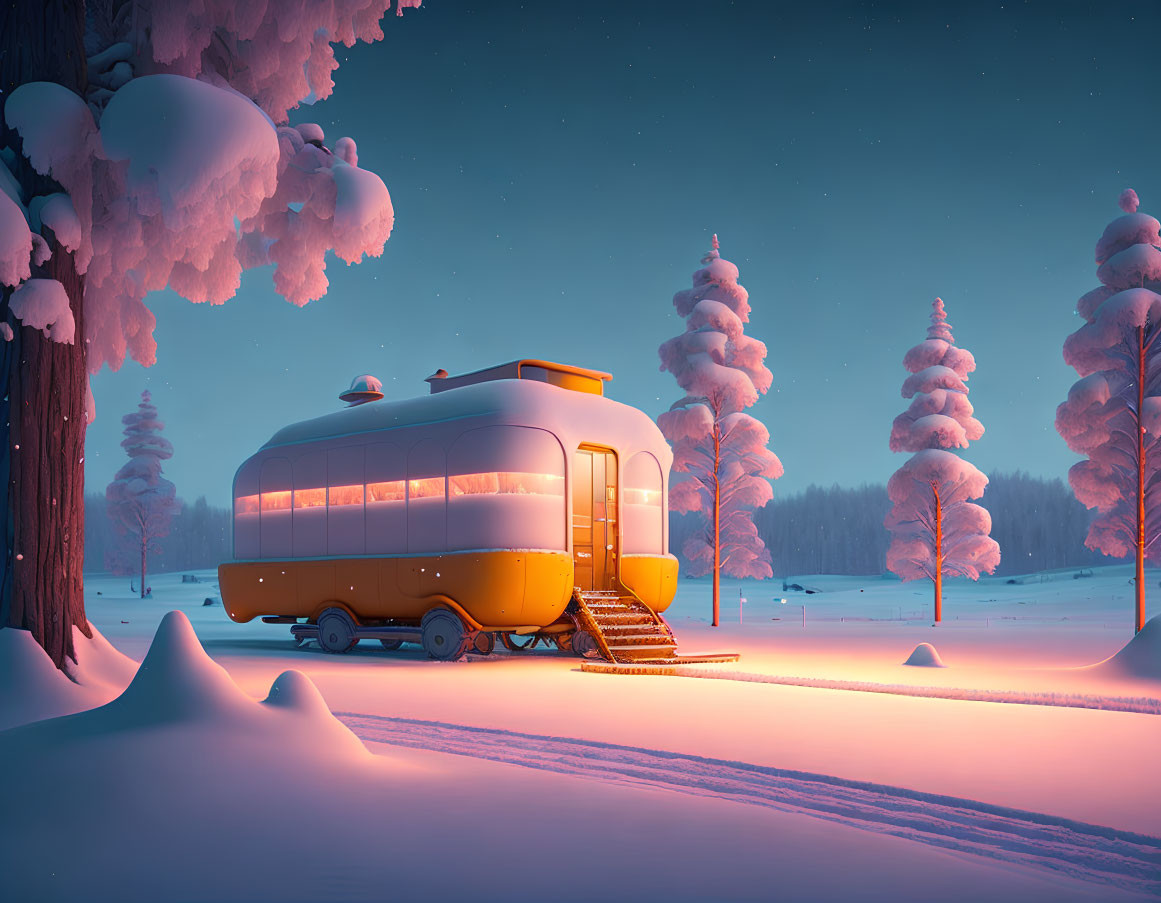 Yellow Vintage Bus Converted into Cozy Home in Snowy Landscape at Dusk