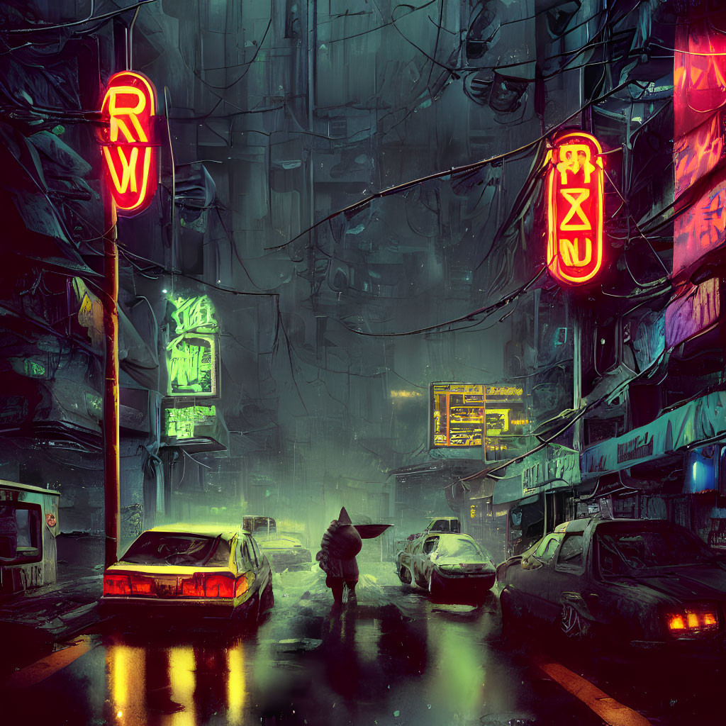 Rainy Cyberpunk Cityscape at Night with Neon Signs and Person Walking with Umbrella