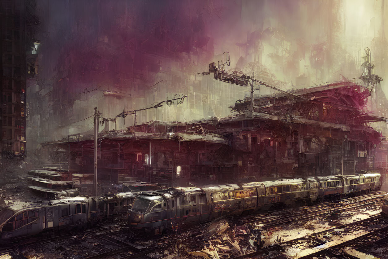 Dystopian scene with dilapidated train cars and crumbling buildings