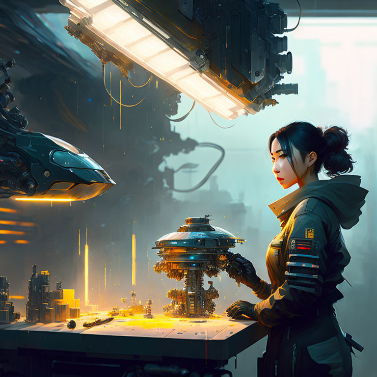 Futuristic woman admires vibrant cityscape with flying vehicles