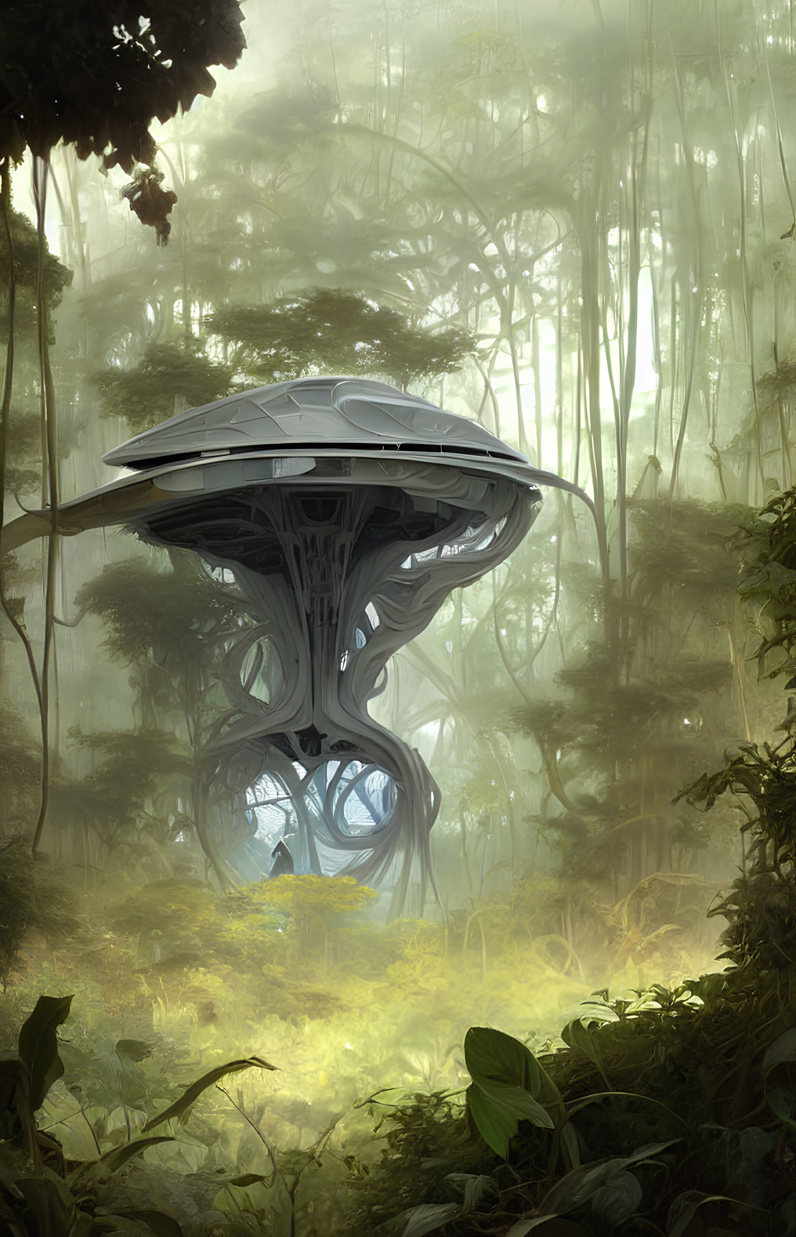 Futuristic treehouse in misty forest with ethereal light.