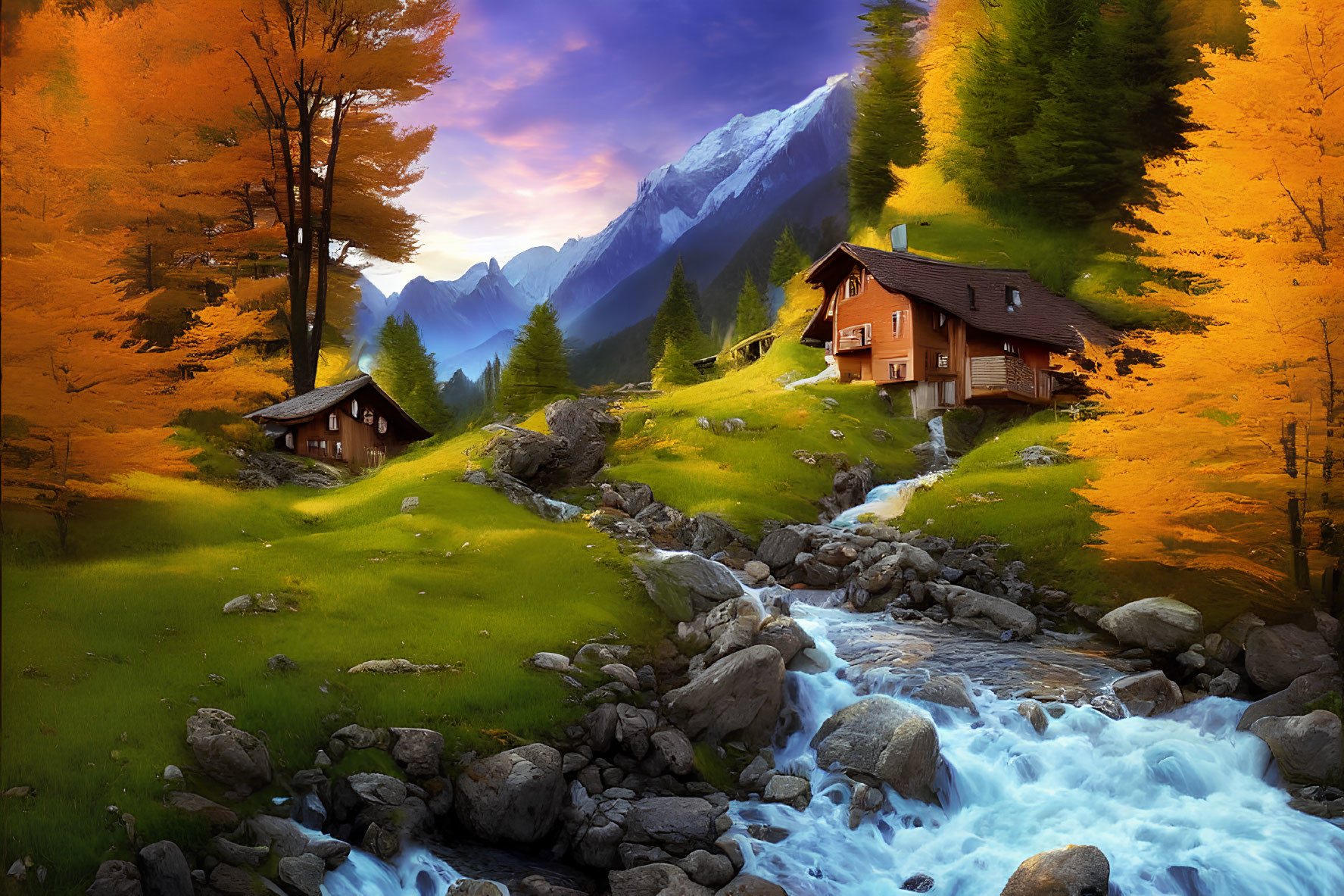 Autumn landscape: wooden cabin, orange trees, brook, snow-capped mountains