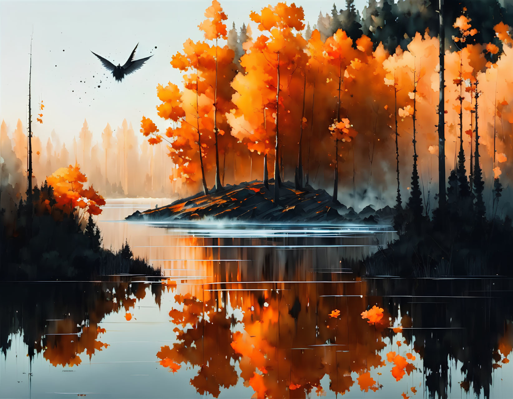 Vibrant orange autumnal forest reflected in calm water with misty atmosphere