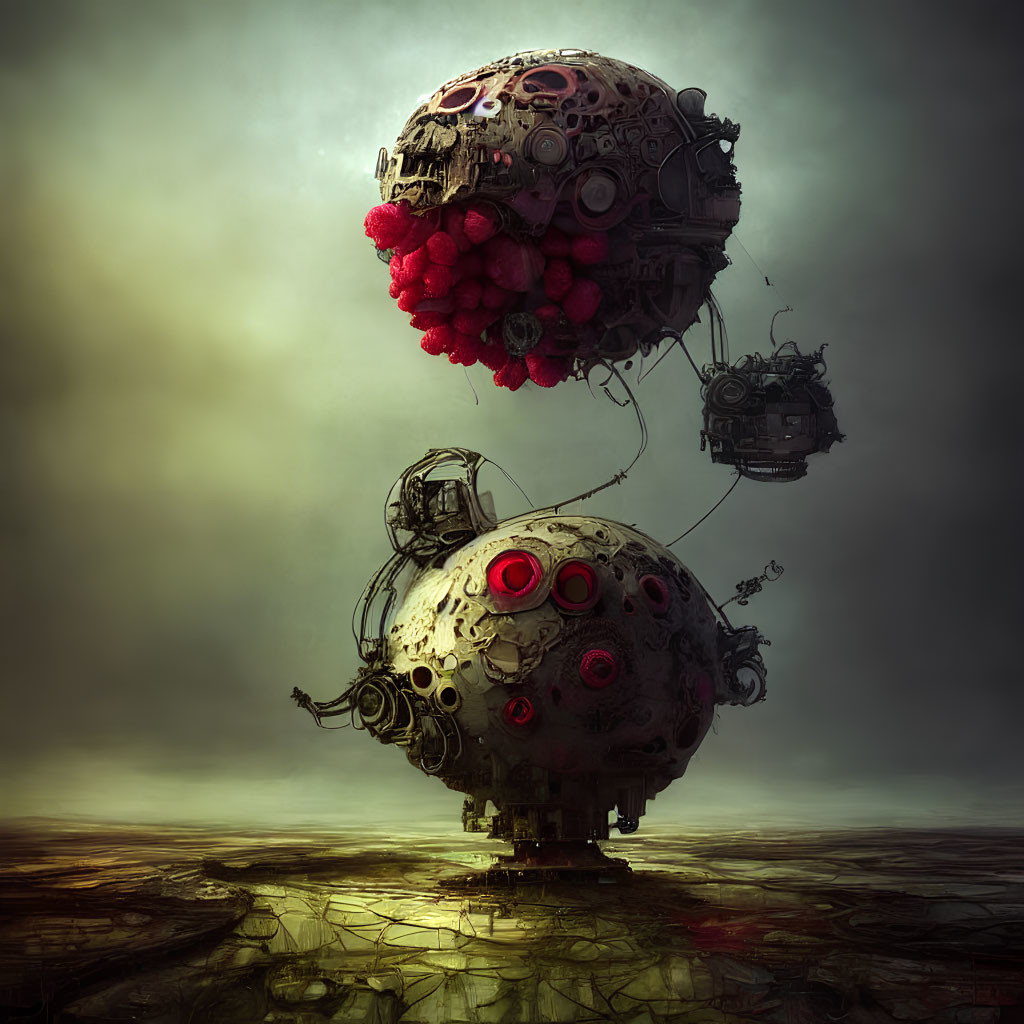 Fantasy artwork: Two mechanical spheres with red portholes, chained above a murky landscape.