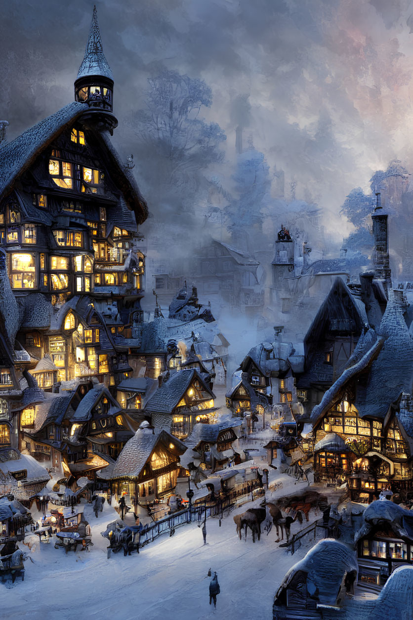 Snowy Evening in Quaint Village with Illuminated Buildings and Festive Atmosphere