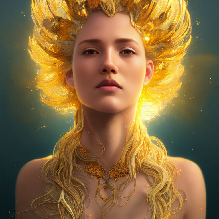 Digital portrait of woman with golden hair and flame-like crown and jewelry