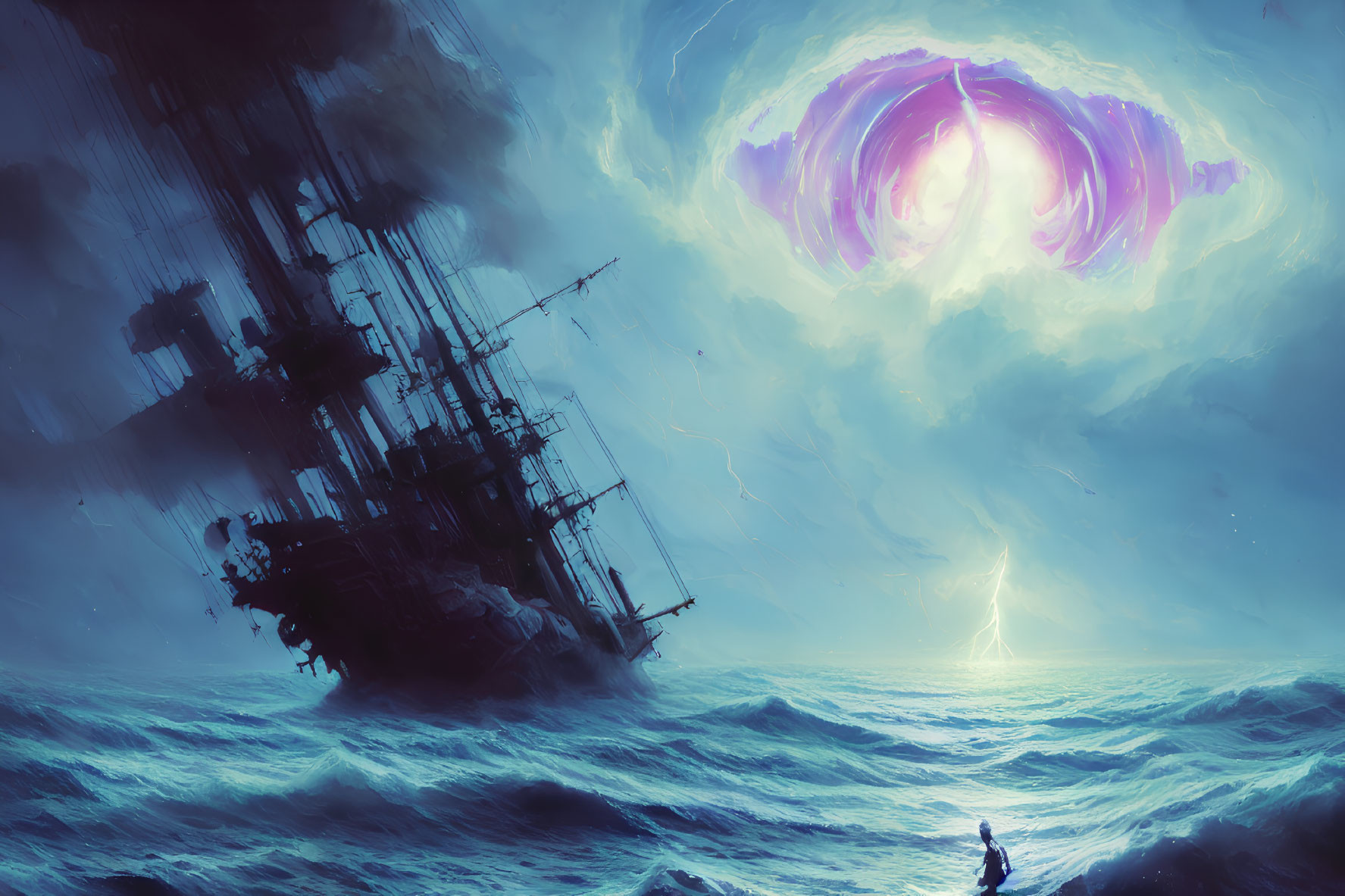 Surreal seascape with ship, purple portal, lightning, and lone figure