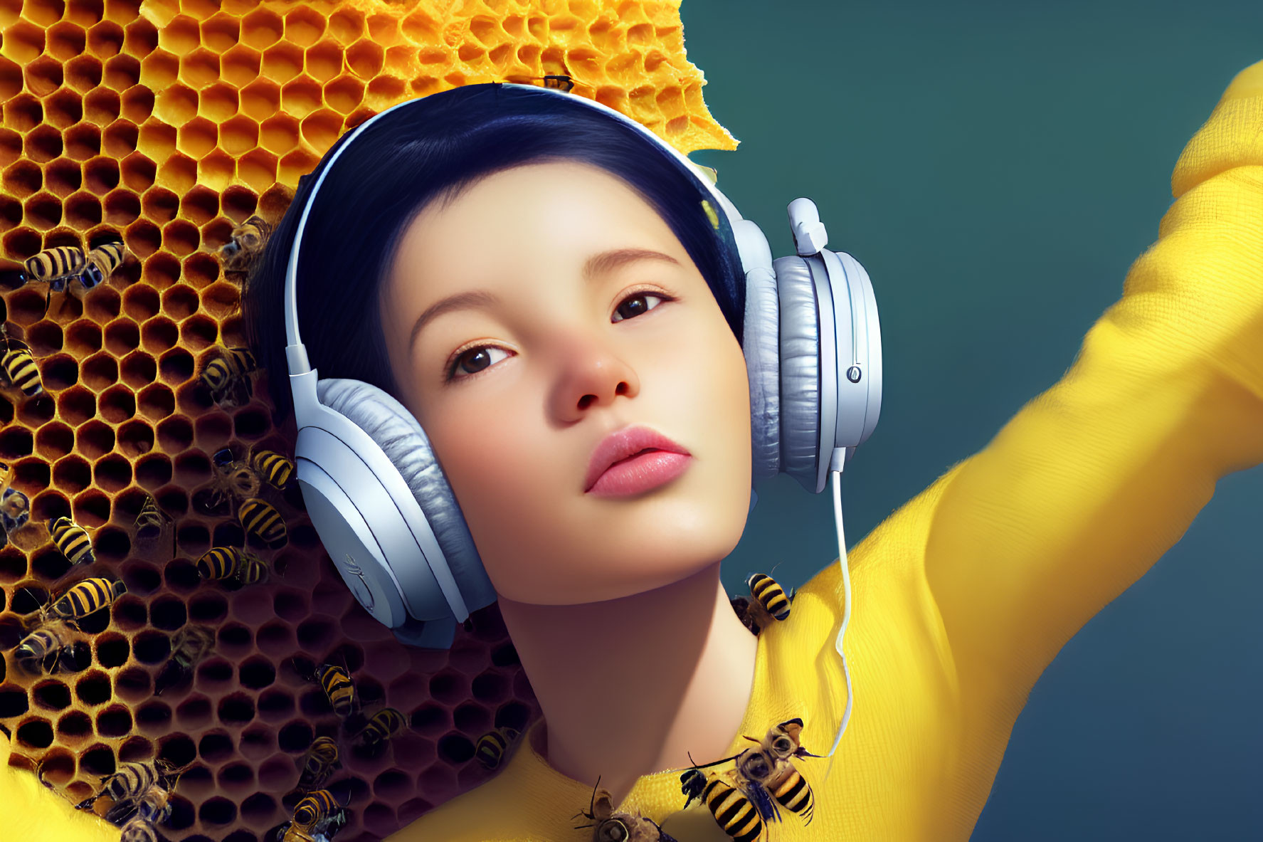 Person with headphones, bees, and honeycomb on teal background