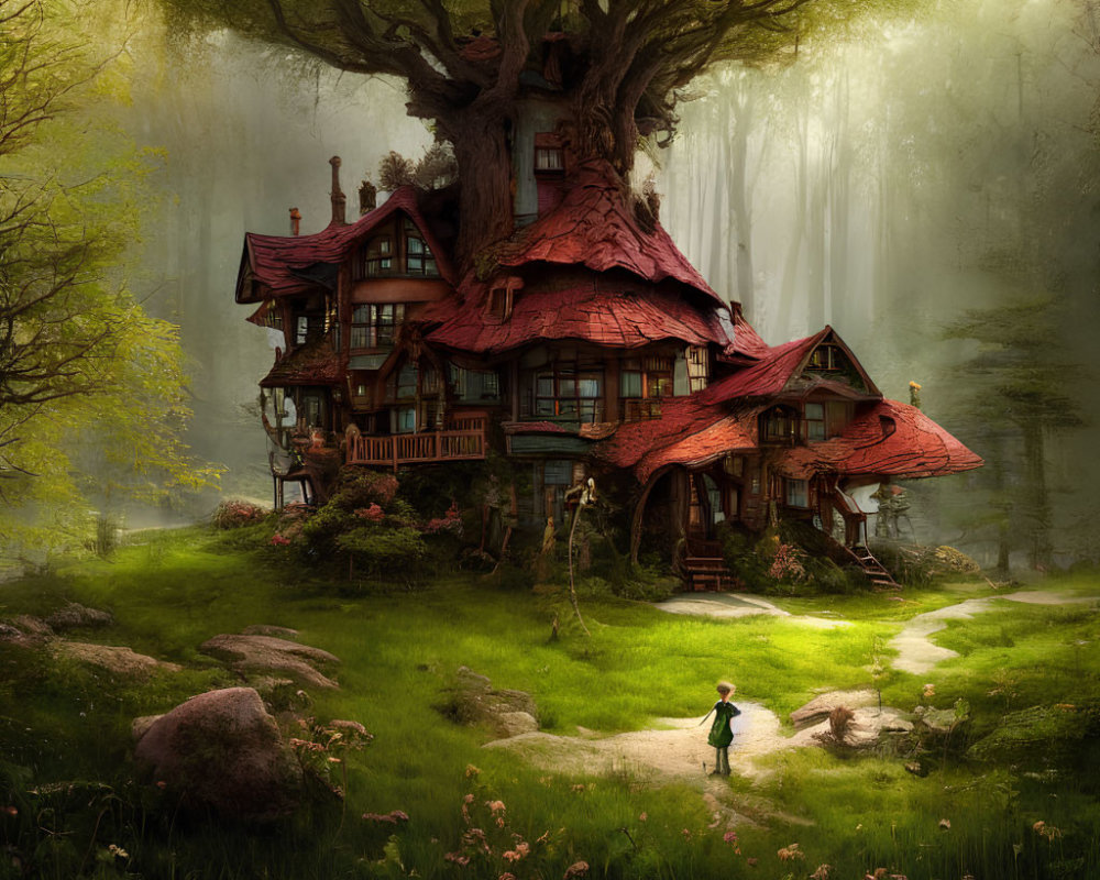 Enchanted forest scene with whimsical treehouse and child walking on path