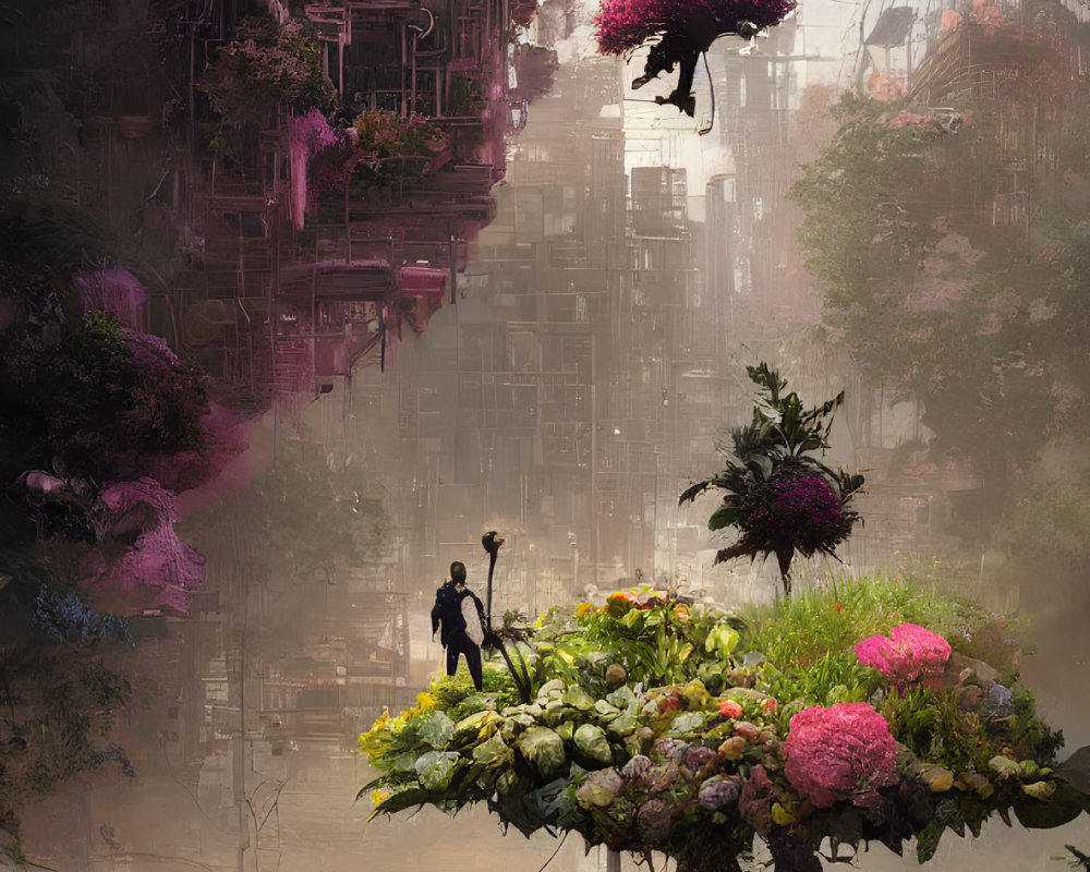 Person standing on overgrown structure in colorful dystopian cityscape