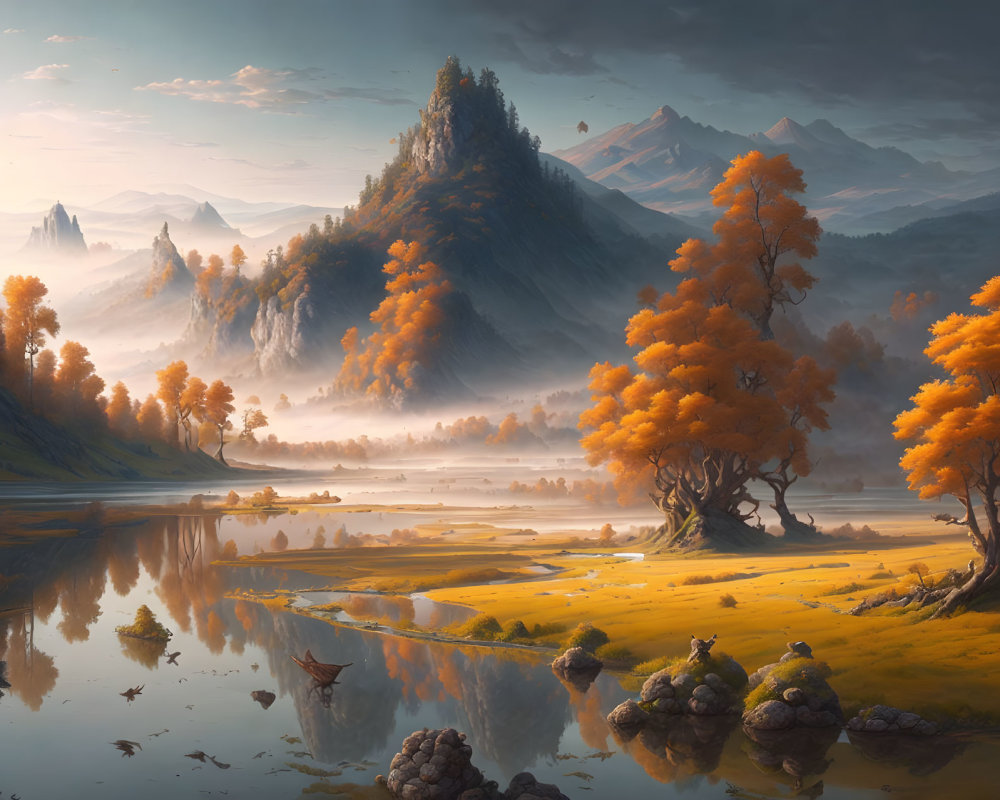 Tranquil autumn landscape with misty mountains, vibrant trees, calm river, and boat.
