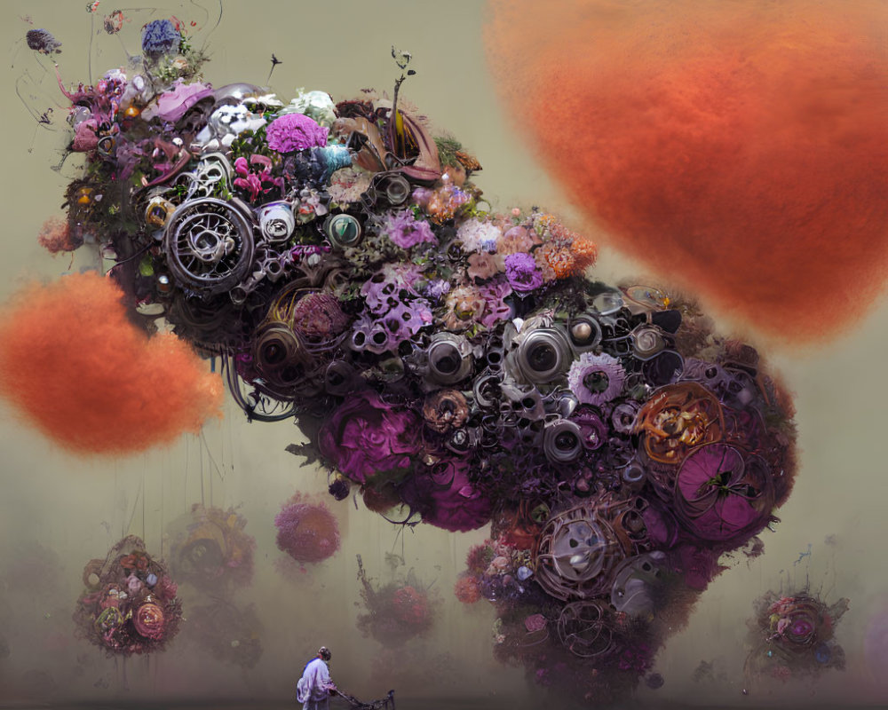 Surreal island with flowers, gears, and red spheres