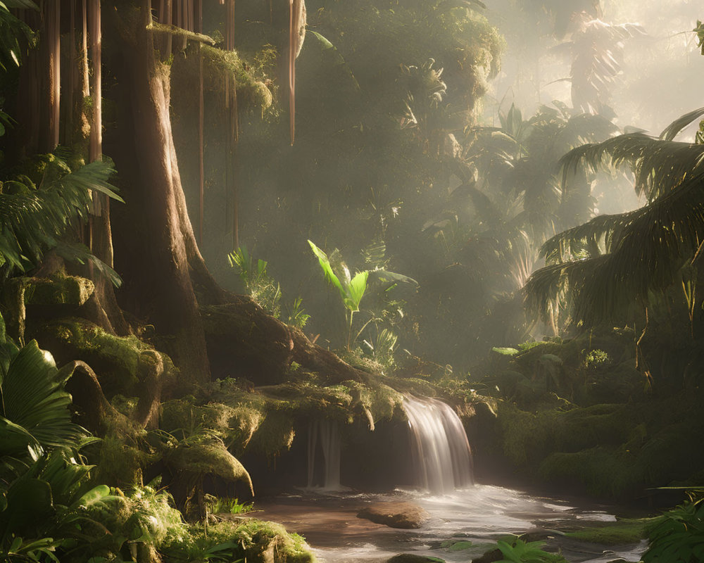 Tranquil forest scene with small waterfall and sunlight filtering through misty canopy