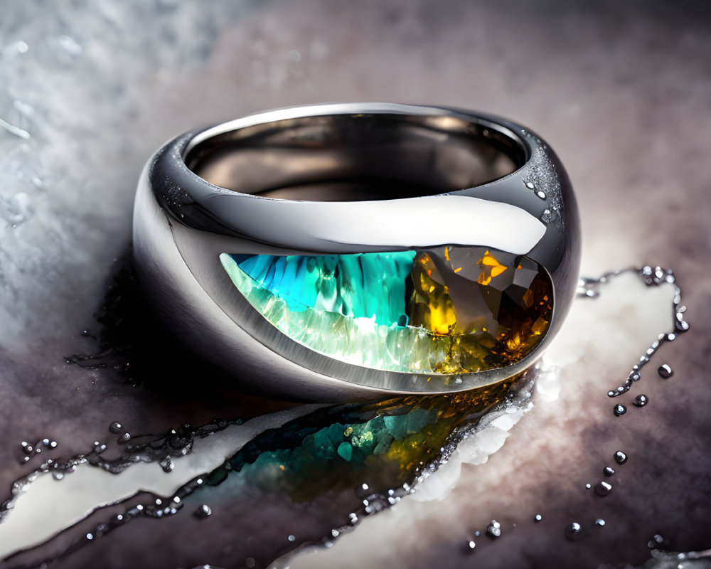 Multicolored gemstone silver ring on glossy surface with water droplets