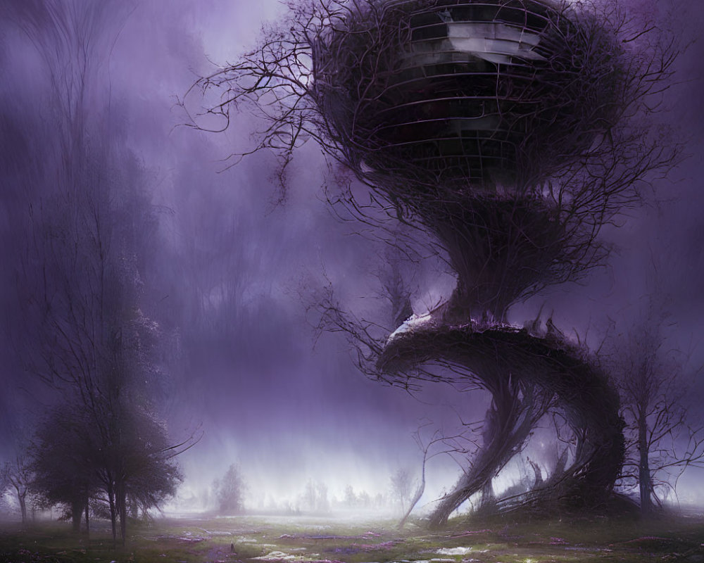 Mystical landscape with twisted tree-like structure and futuristic building in purple-hued forest